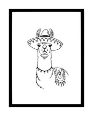 framed portrait llama wearing sombrero festive monoline oneline vector outline