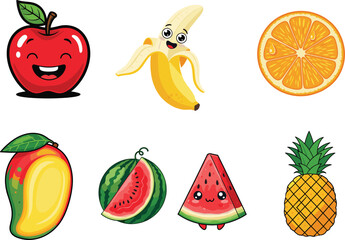 Cartoon Fruit Characters with Smiling Faces, Colorful Tropical Fruits for Kids, Fun Educational Vector Set for Summer and Healthy Eating