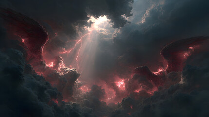 A dramatic scene of divine light breaking through dark storm clouds, sorrow and defeat on the faces of fallen angels illuminated below, their wings tattered, crimson lightning fracturing the sky,