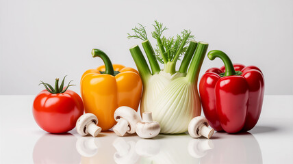 Fresh Vegetables Including Tomato Bell Peppers Fennel and Mushrooms on White Background Keywords: tomato, red tomato, bell pepper, yellow bell pepper, red bell pepper, fennel