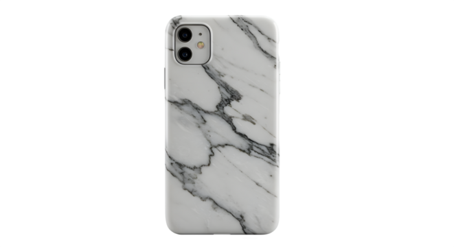 White marble phone case shines. Product photography for sleek phone accessory, branding.