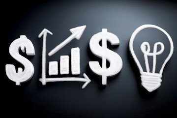 Business icons collage featuring arrows, graphs, dollar signs, and a light bulb, symbolizing financial growth, innovation, and strategic planning in a modern corporate environment