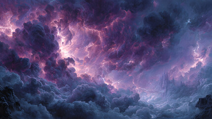 A dramatic cosmic painting of Lucifer charging through swirling violet lightning, eyes burning with defiance, obsidian sword engulfed in black flames,