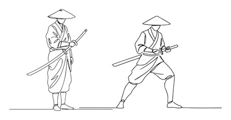 samurai duel with swords monoline vector oneline