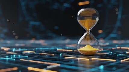 Timeless Countdown: An hourglass stands on the digital grid, its flowing sand capturing the essence of time. the imagery conveys concepts of efficiency and optimization. 