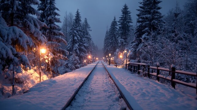 Snow-covered railway in winter forest with warm streetlights at dusk - Powered by Adobe