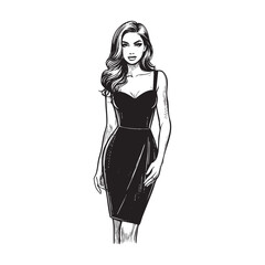 Engraved of retro long hair woman in confident pose wear black dress with hand on hip	