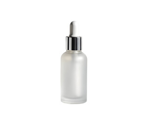 Serum dropper bottle made of frosted glass, silver cap, standing on a white background, elegant shadows
