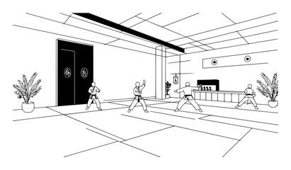 traditional karate dojo class interior with trainees laser cutting vector lineart
