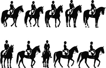 Equestrian silhouette vector, horse riding poses, dressage illustration, rider in helmet, horseback sport graphic, black horse motion, formal attire clipart