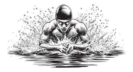 Man swimming on pool isolated on white background. Vector illustration in sketch style