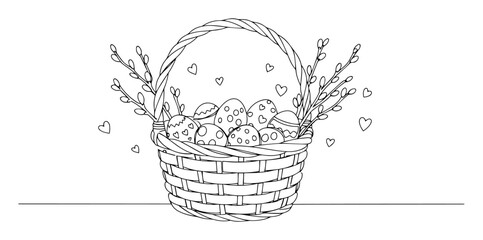 basket of decorated easter eggs with willow branches continuous thin line illustration monoline oneline vector lineart outline