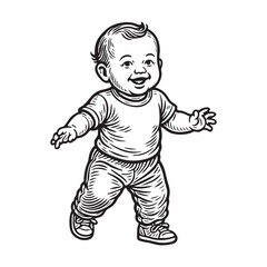 Engrave of toddler walking in Black and White Vector Silhouette Illustration