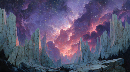 A cosmic painting of fractured marble spires floating through an infinite void, illuminated by streaks of divine light and carved with deep ethereal shadows,