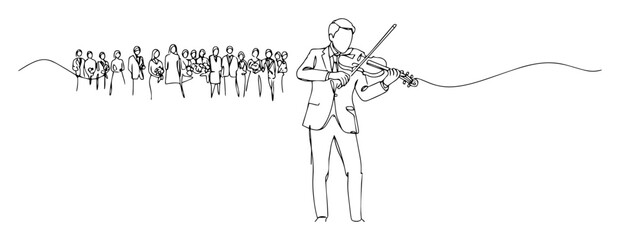 solo violinist leading orchestra performance continuous line drawing vector outline