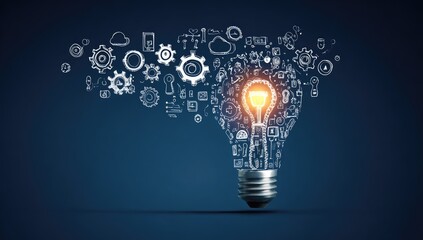 Innovative lightbulb concept with digital icons and gears representing ideas and technology.