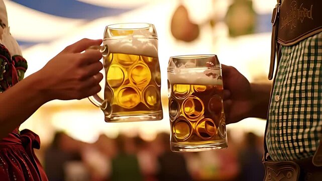 Hands in traditional Dirndl and Lederhosen sleeves clink beer steins for an intimate toast, celebrating amidst a lively, blurred crowd.