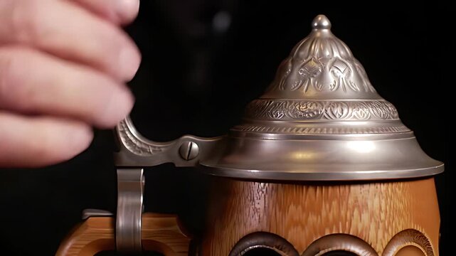 Close-up of a traditional German beer stein lid flipping open and shut with a thumb lever, demonstrating a satisfying, rhythmic motion.