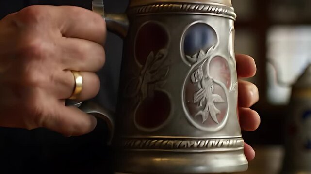 Close-up of a traditional German beer stein lid flipping open with a thumb lever, ready for a refreshing drink, then snapping shut with a satisfying crisp sound.