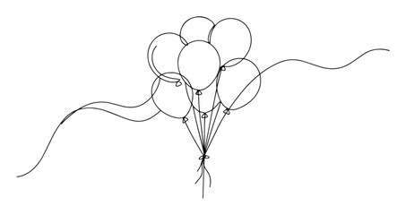 bunch of festive party balloons flying continuous one line drawing vector art lineart illustration © Wieslaw