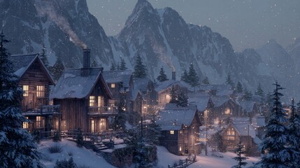 Snowy alpine village at twilight with cozy cabins and pine trees