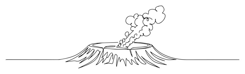 single one line drawing of an erupting volcano with smoke and ash prehistoric disaster concept vector design