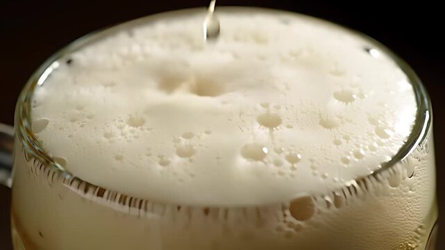 Extreme close-up of golden German beer pouring into a liter ma&szlig;krug, forming a thick, creamy foam head with perfect texture.