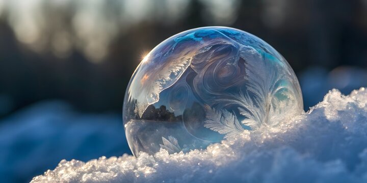 Frozen soap bubble on snow in winter sunlight