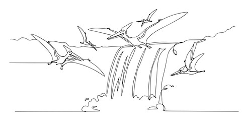 pterodactyl dinosaurs flying over waterfall continuous one line drawing vector landscape sketch