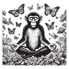 Detailed Engraving of	Monkey meditation 	sketch engraving in black and white vintage style collection PNG illustration