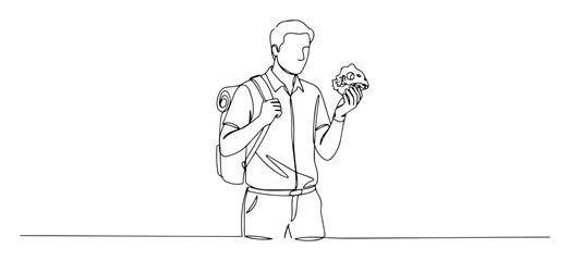 adventurer inspecting ancient artifact monoline vector lineart