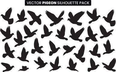 Vector Pigeon Silhouette Pack, Flying Dove and Pigeon Vector Silhouettes Set, Black Pigeons in Flight Silhouettes Collection, Peaceful Flying Birds Vector Illustrations