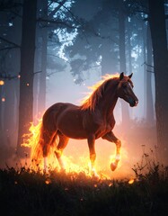 Fiery horse in a mystical forest