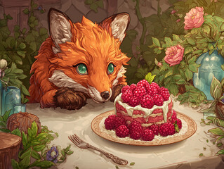 Fox looking curiously at raspberry cake on a garden table setting  