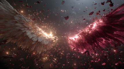 A cinematic wide shot of radiant angelic wings colliding with shadowed fallen wings mid-air, divine energy and crimson lightning illuminating the battlefield,