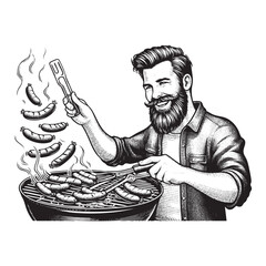Detailed Engraving Illustration of father cooking in grill barbeque  engraving vector illustration. Scratch board style imitation. 