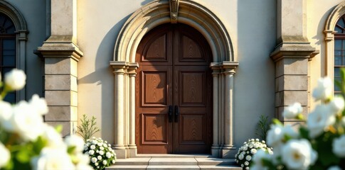 Ornate church door framed by pristine white blossoms and flowing ribbons , joy, sacred