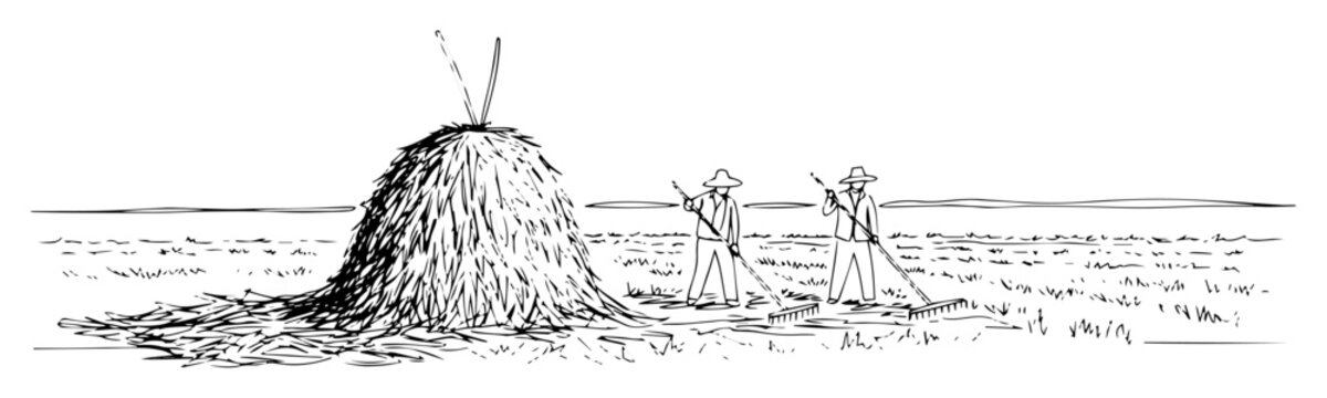farmers making haystack in the field vintage rural landscape hand drawn vector sketch illustration