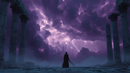 A cinematic silhouette of Lucifer standing defiantly before shattered heavenly gates, obsidian sword raised high, violet lightning crackling through swirling storm clouds above,