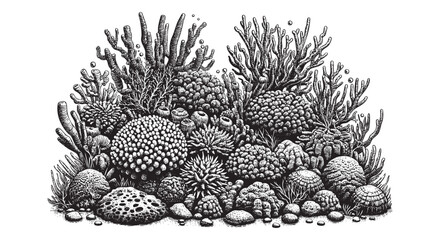 Detailed Vector Illustration Reef landscape drawn in an engraved style sketch engraving generative ai raster. Scratch board. Black and white image.