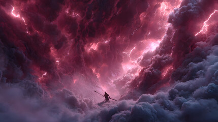 A cinematic shot of Lucifer leading the charge through a swirling vortex of violet lightning, eyes glowing with defiance, obsidian sword engulfed in dark fire, storm clouds churning in the background,