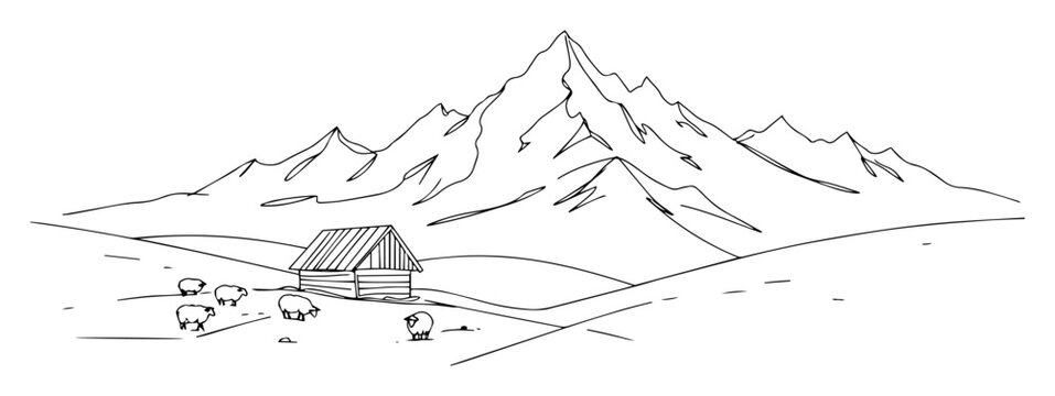 alpine landscape with shepherd cottage and flock monoline vector sketch