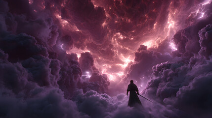 A cinematic shot of Lucifer leading the charge through a swirling vortex of violet lightning, eyes glowing with defiance, obsidian sword engulfed in dark fire, storm clouds churning in the background,