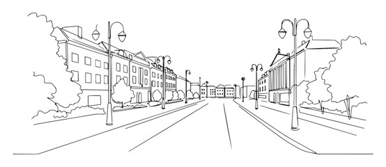 one continuous line drawing of a historic european city street in perspective old town urban landscape vector lineart