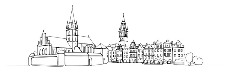 Naklejka premium one continuous line drawing of the krakow city skyline with wawel cathedral a famous polish landmark vector illustration