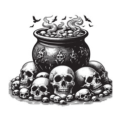 Engraved Illustration of witch cauldron Black and white engraved ink art