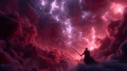 A cinematic photograph of Lucifer cloaked in shadows, wielding a flaming obsidian sword, leading dark winged legions through swirling crimson storm clouds, shattered heavenly spires drifting behind,