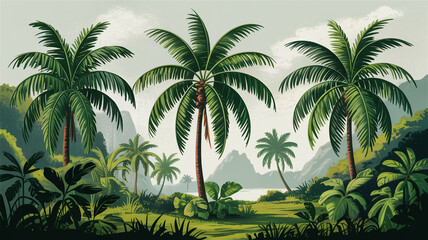 Tropical landscape with lush palm trees and distant mountains under a cloudy sky nature coconut trees