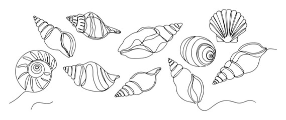 Fototapeta premium seashells collection set continuous one line drawing vector marine illustration
