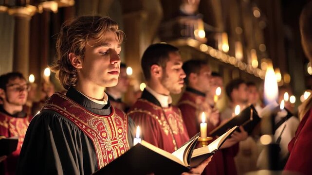 Christmas midnight mass, cathedral glowing with candlelight and choir singing, congregation gathered in devotion.